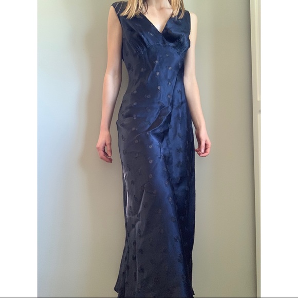 Vintage Dark Blue Floral Long Satin Nightgown - Picture 5 of 8
